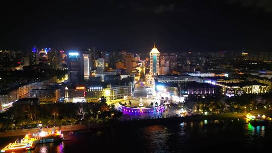 哈尔滨音乐长廊城市夜景航拍风景素材