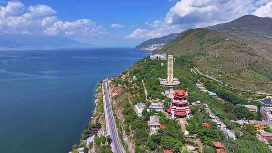 云南大理洱海罗荃半岛风景区罗荃塔航拍