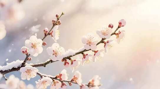 覆雪绽放的粉色花朵特写