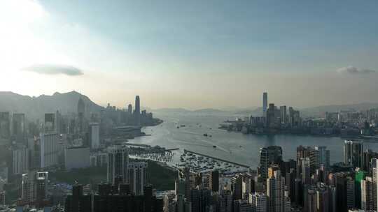 香港大景航拍维多利亚港太平山日落海湾风光