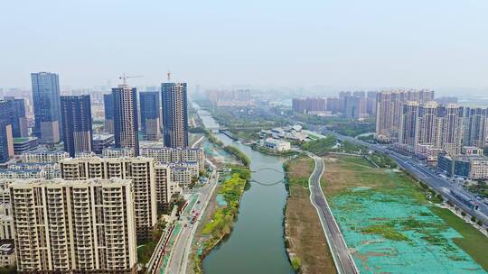 航拍江苏盐串场河自然风景与城市建筑风光