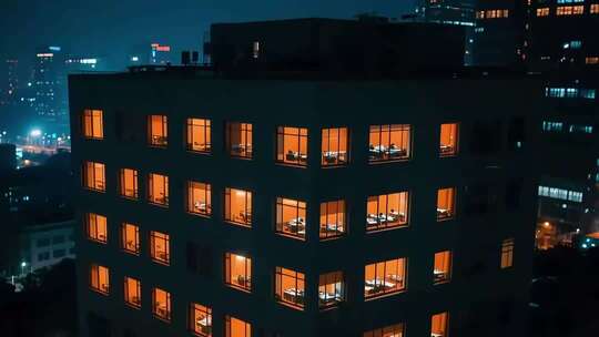 夜晚写字楼内亮灯办公场景