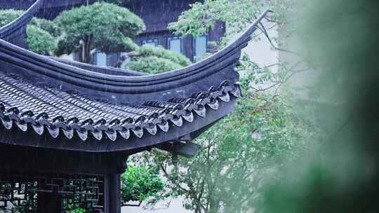 下雨天传统中式园林古建筑亭子视频素材模板下载