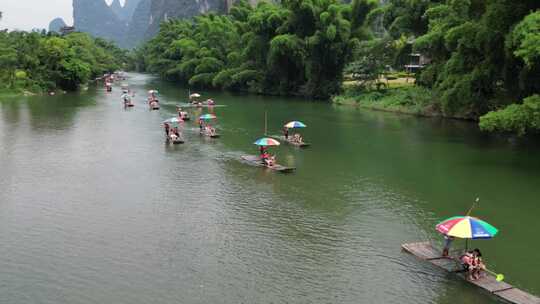 航拍桂林阳朔遇龙河竹筏漂流