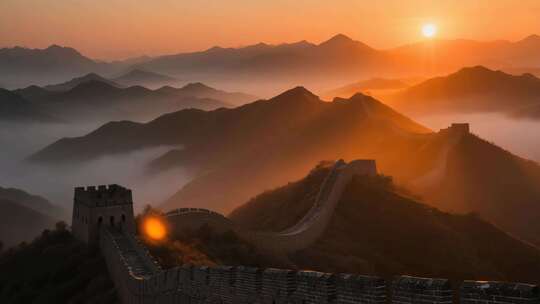 航拍云雾缭绕的壮美万里长城云海日出延时