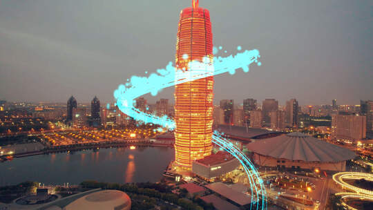 4k航拍河南郑州玉米楼科技光线效果视频素材模板下载