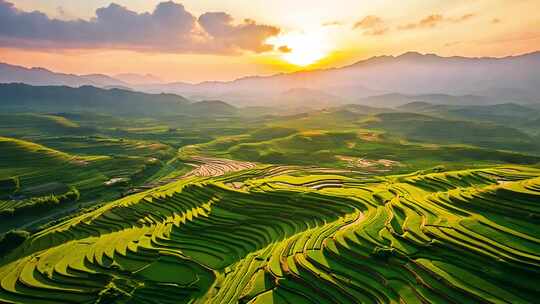 梯田云海田园乡村农业自然日出云雾梦幻风景