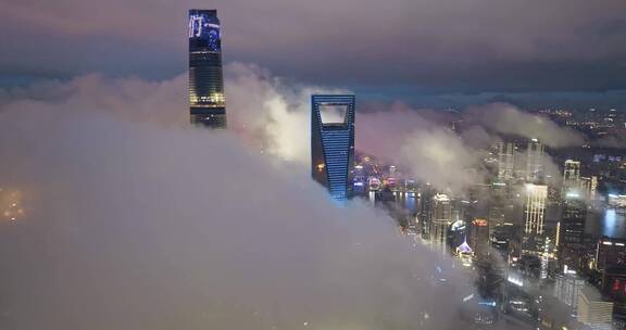 上海夏季平流雾夜景航拍