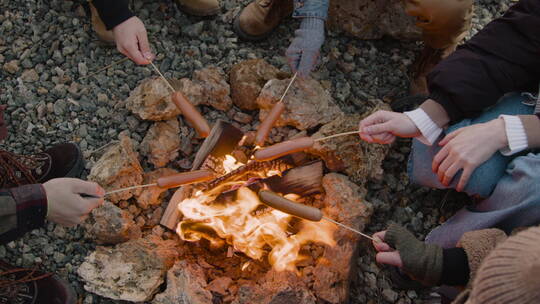 在篝火上烤香肠的朋友视频素材模板下载