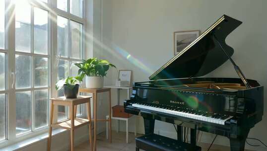 室内窗前的黑色钢琴
