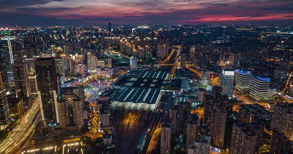 上海火车站夜景延时航拍