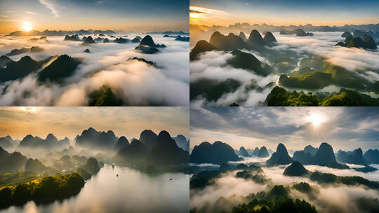 桂林山水合集山峰云海群山云雾缭绕自然风景