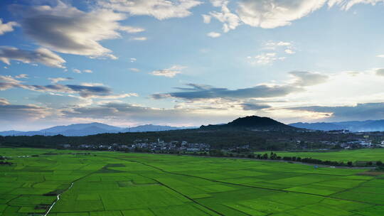 日落时火山底下的绿色稻田