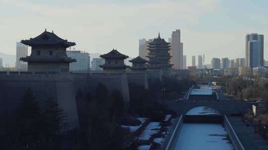 山西大同古城墙古城墙古建筑与现代城市风光