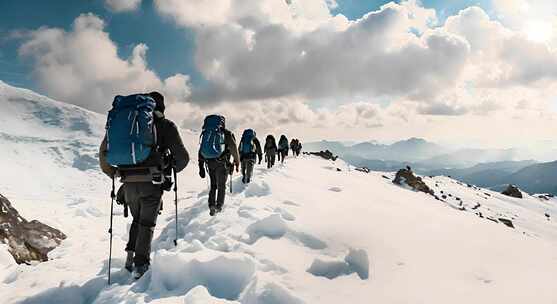 雪山徒步旅行者队伍前行画面