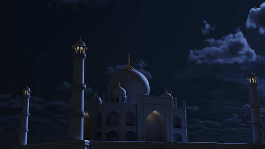 大型穆斯林清真寺在夜晚和云层中发光。