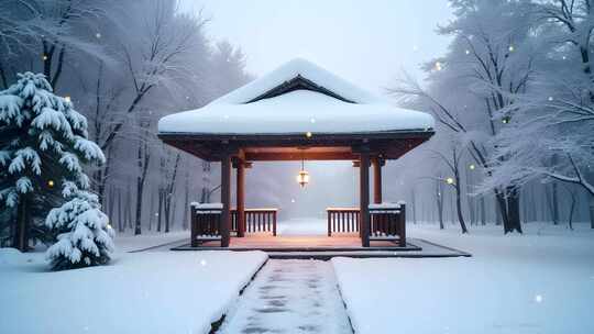 冬季凉亭雪景4k舞台粒子活动背景