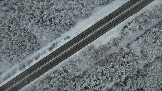 航拍被大雪覆盖的森林中显眼的高速公路
