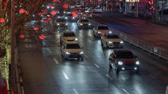 城市街道车流红灯笼喜庆氛围视频素材模板下载