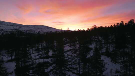 挪威白雪皑皑的森林上充满活力的日落色相，