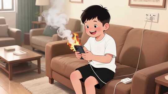 男孩沙发玩手机手机燃烧画面
