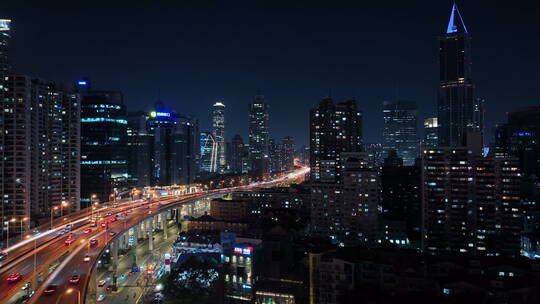 航拍上海南北高架车流夜景