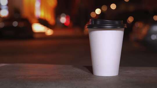 模糊城市灯光背景下的一次性纸杯和热咖啡