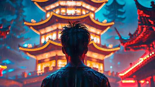 霓虹中式楼阁 未来光影古风建筑赛博朋克