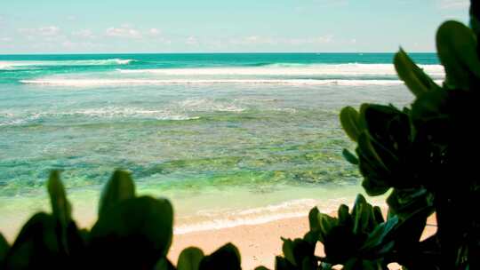 航拍海浪冲击沙滩海天一线绿树