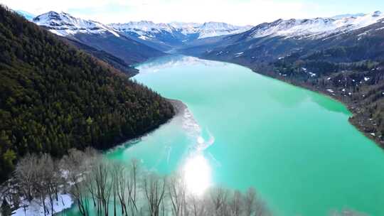 高山湖泊的壮丽景色，森林雪山相映成趣