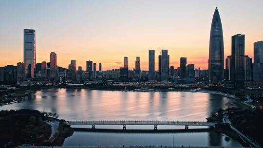 航拍深圳湾后海夕阳宣传片大场景