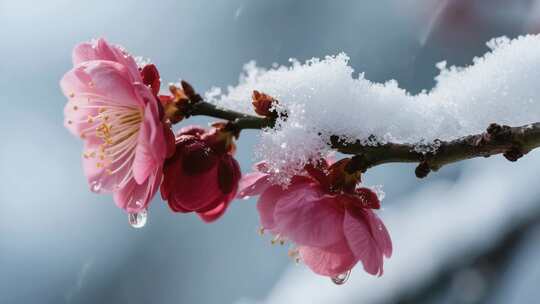 覆雪粉色梅花特写