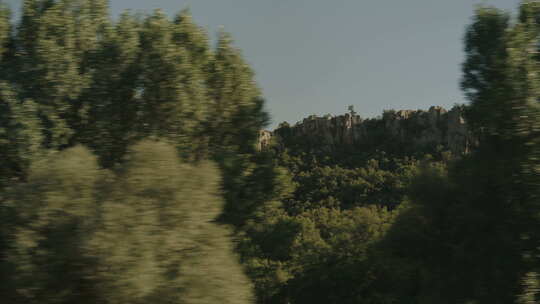 从车窗看到经过的树木和背景中的高耸悬崖。