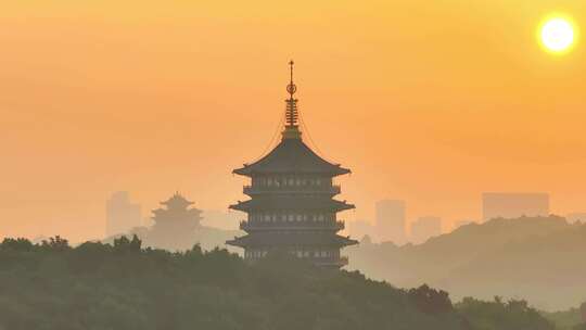 航拍清晨日出杭州西湖风景区雷峰塔建筑同框