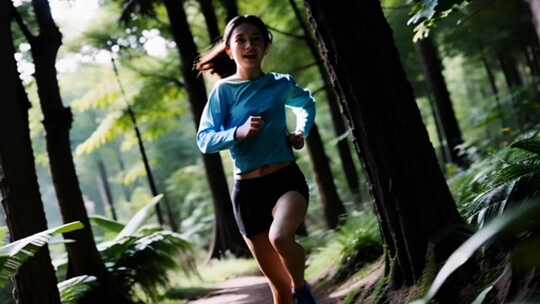 女孩林中跑步 晨跑 锻炼身体 青春活力