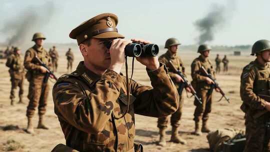 军人使用望远镜观察部队场景