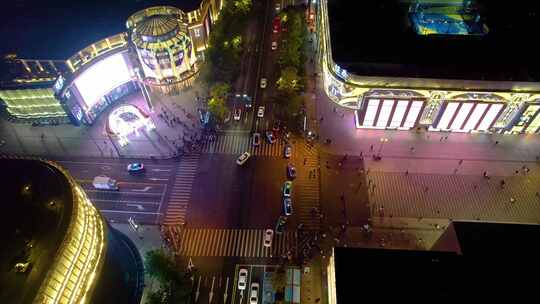 杭州西湖龙翔桥步行街夜景航拍