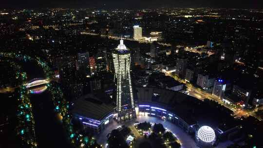 杭州城市夜景西湖广场航拍