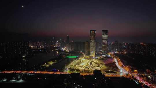 湖南长沙梅溪湖城市夜景航拍风光