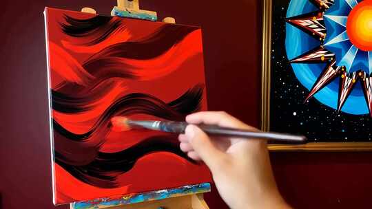 艺术家持画笔绘制红色画作