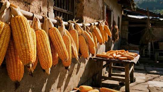 农家院落晒玉米丰收喜悦场景