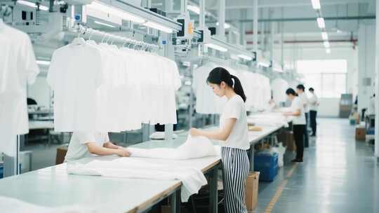 服装厂工人操作布料