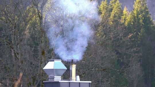 寒冷的日子里，蒸汽从现代烟囱中升起。德国巴伐利亚阿尔卑斯山上的房子里有树