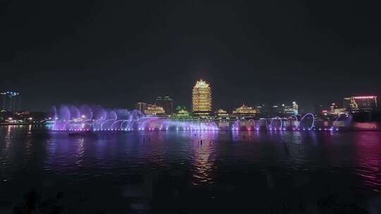 高清航拍 四川眉山城市夜景喷泉表演远景楼