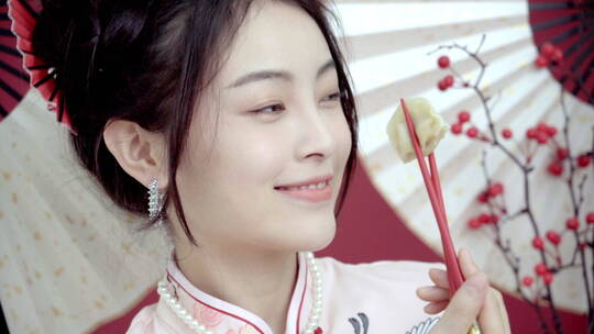吃饺子的国风美少女视频素材模板下载