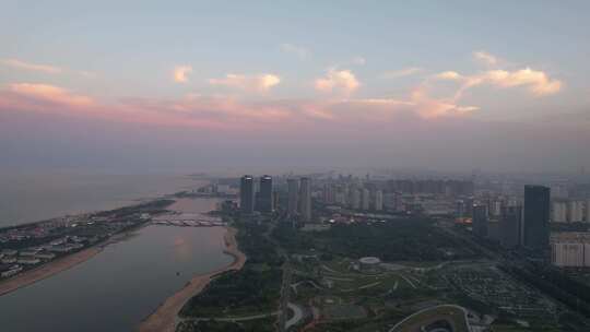 山东日照城市夕阳晚霞日落航拍