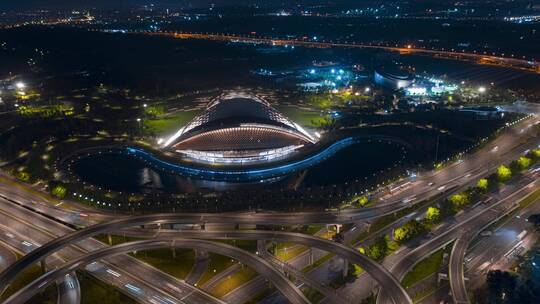 成都露天音乐公园夜景_夜_环绕_航拍延时