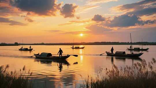 夕阳下湖面渔民划船场景