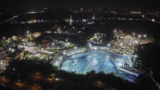 航拍高视角鸟瞰上海松江玛雅水上乐园夜景