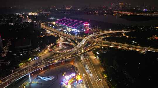 中国江苏南京新装立交夜景车流航拍